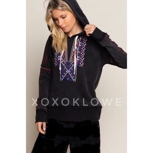 POL Boho Embroidered Hooded French Terry Sweatshirt Relaxed Fit